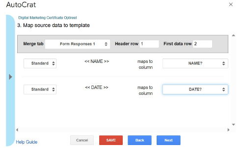 Mapping tags from source certificate to google form on autocrat