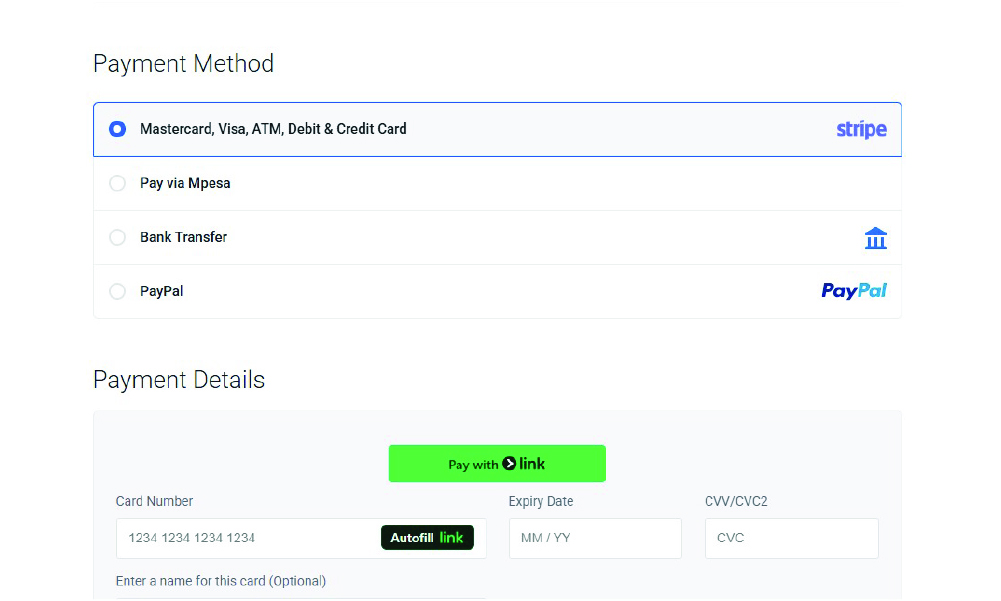 Truehost payment options including M-PESA, Visa, and PayPal